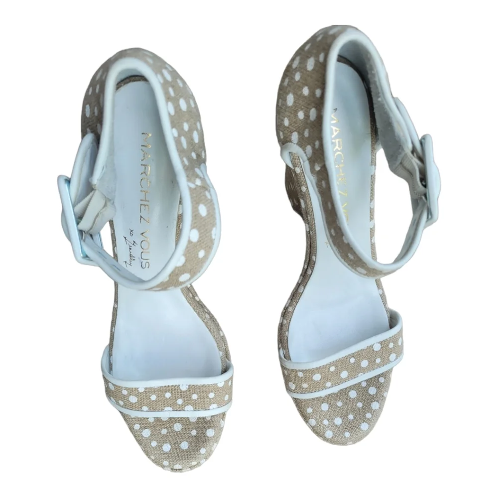Marchez Vous White Dot LinenPlatform Heels, 8.5| Made in Italy.